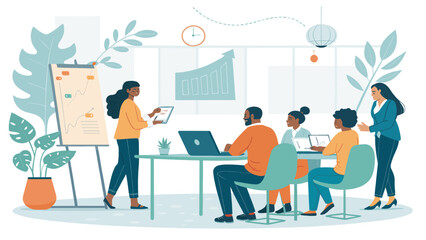 Diverse professionals collaborate in a modern office setting, engaged in a dynamic business presentation on growth and strategy. Perfect for corporate training and innovative teamwork concepts.