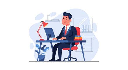 Professional businessman working diligently at his office desk with a computer. Ideal for concepts of productivity, corporate work, and remote business.