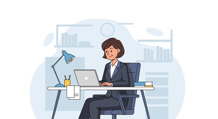 A focused businesswoman works diligently on her laptop at an office desk. Ideal for concepts of productivity, corporate efficiency, remote work, and professional success.