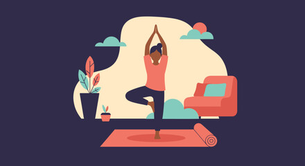 Woman practicing yoga in Tree Pose at home, embodying balance and tranquility. Ideal for health, wellness, and mindful lifestyle concepts.