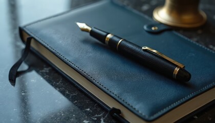 Luxurious fountain pen rests on navy blue leather-bound notebook, suggesting journaling, calligraphy, personal reflection. Classic stationery set evokes sense of tradition, mindful writing. Ideal for