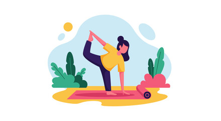 Woman practicing yoga outdoors, achieving balance and flexibility in a serene setting. Perfect for health, wellness, and mindful lifestyle content.