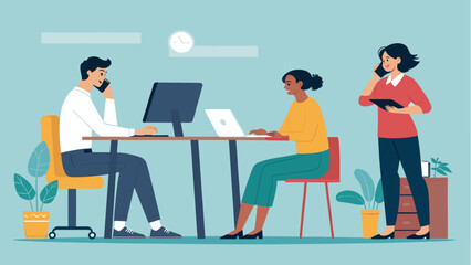 Diverse team collaborating in a modern office environment. Professionals work at computers, communicate via phone, embodying productivity and teamwork.