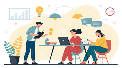 Collaborative team discussing ideas and analyzing data in a modern office. Ideal for business, startup, and project management concepts.