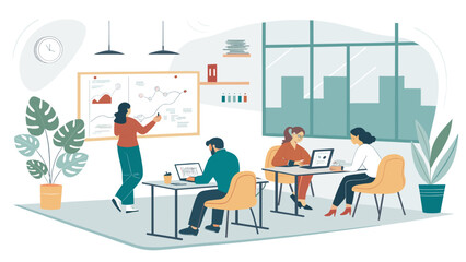 Business professionals collaborate in a modern office, analyzing data on a whiteboard and working on laptops. Ideal for corporate productivity and teamwork concepts.