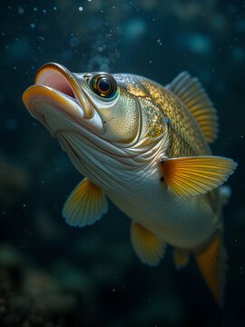 sauger fish swimming past camera close up