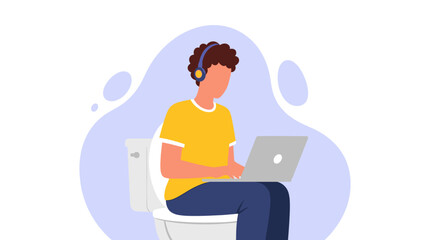 Person working on a laptop while sitting on a toilet with headphones, illustrating remote work, multitasking, and modern lifestyle flexibility.