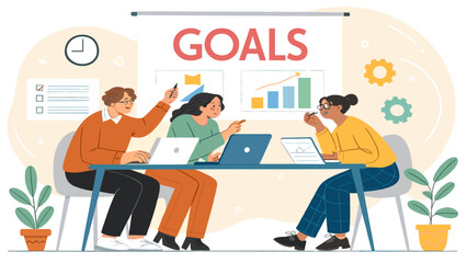 Diverse team collaborating in a modern office, discussing business goals, strategy, and project planning for future success and growth.