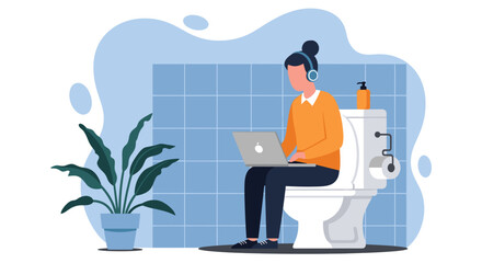 Illustration of a person remotely working on a laptop from a bathroom, symbolizing remote work, flexible schedule, and multitasking.