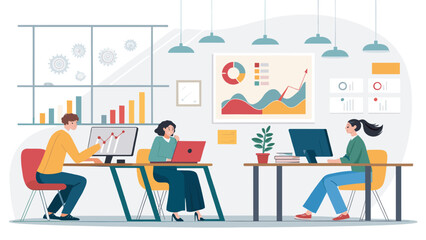 Professionals collaborate in a modern office, analyzing data and charts on computers. Ideal for business, technology, finance, and analytics concepts.