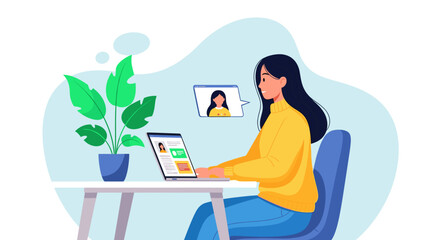 Young woman working remotely on laptop, engaged in an online meeting or learning session, highlighting modern productivity and connectivity.