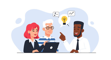 Diverse business team collaborating, brainstorming new ideas, and discussing strategy for growth. Ideal for innovation, teamwork, and success concepts.