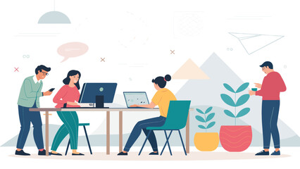 Diverse team collaborating in a modern office. Professionals work on computers and mobile devices, showcasing teamwork and digital communication in a productive environment.