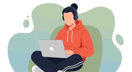 Casual individual working remotely or studying online with a laptop and headphones, perfect for modern digital lifestyle content.