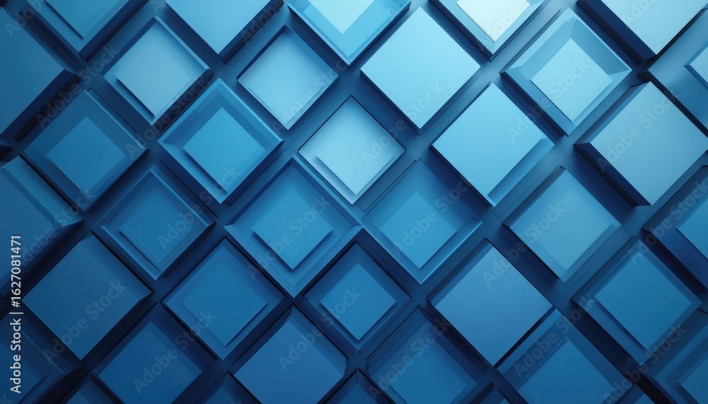 Poster geometric pattern of layered blue squares in 3d rendering style. series of blue cubes arranged in gr