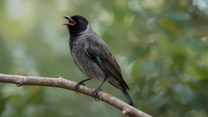 Obraz premium A grey and black bulbul perched on a branch, singing with its beak open.