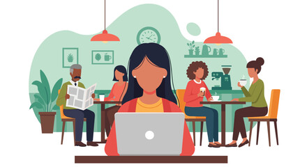 Woman working on a laptop in a cozy cafe, surrounded by people enjoying coffee and conversation. Remote work and modern lifestyle.