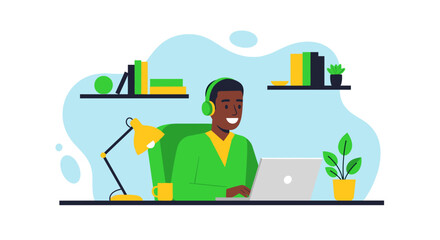 Happy man in headphones working on laptop at a bright home office desk. Ideal for remote work, online education, or productivity concepts.