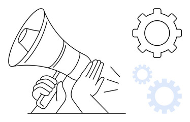 Hands holding a megaphone with sound waves next to interlocking gears. Ideal for communication, teamwork, strategy, collaboration, problem-solving, business, innovation. Minimalist flat metaphor