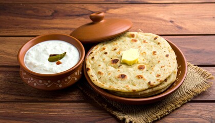 Indian flatbread paratha served with yogurt in a traditional clay bowl on wooden table