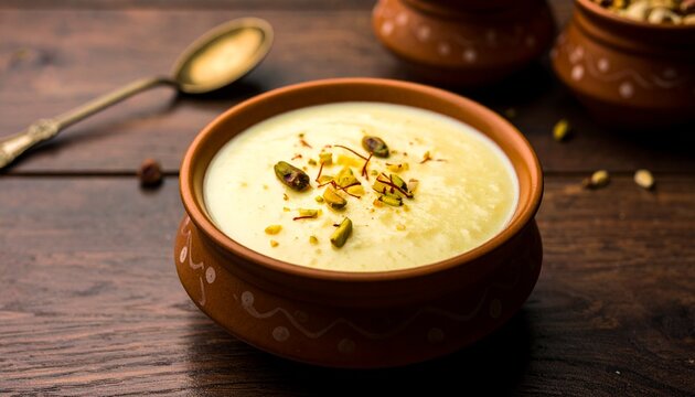 Creamy Indian rabri dessert garnished with saffron and pistachios in earthen bowl