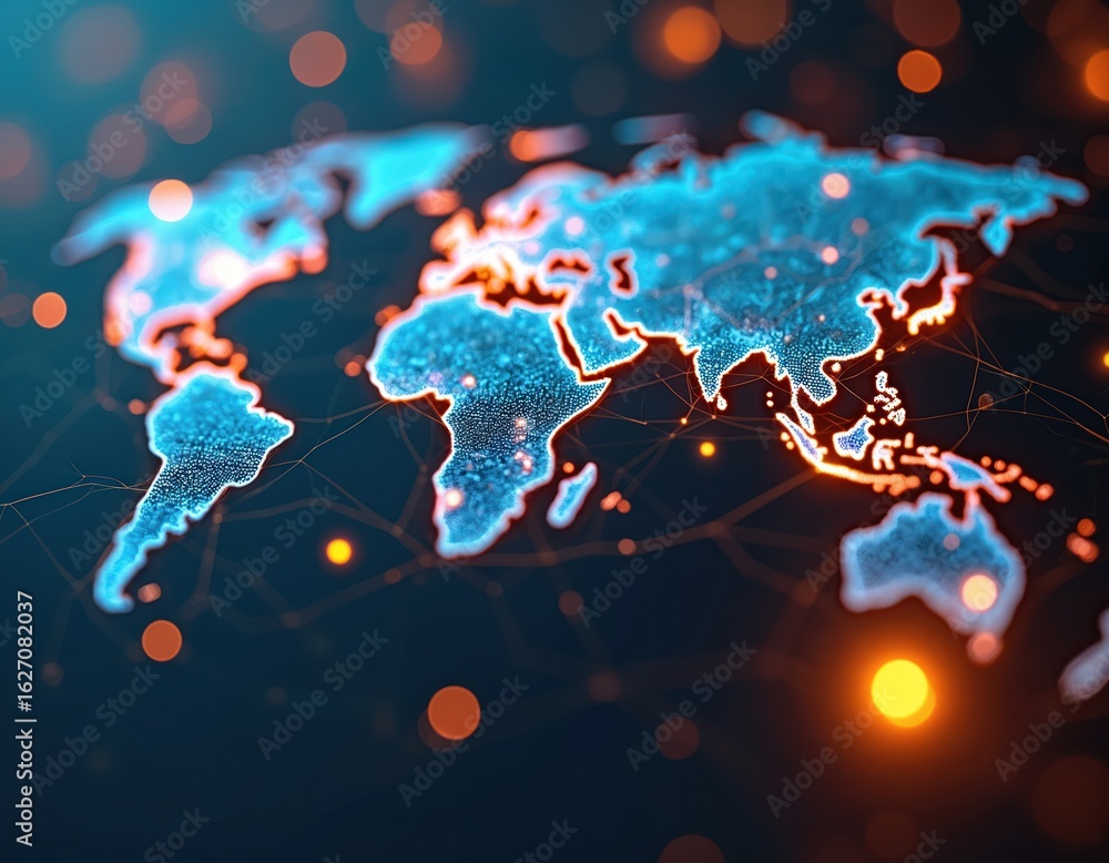 Poster global network connecting continents with radiant data transfer nodes. abstract world map illustrate