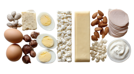 Nourishing protein rich ingredients like eggs cheese cottage cheese almonds ham and yogurt for a healthy diet and active lifestyle showcase