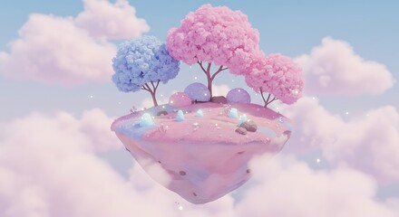 Whimsical Floating Island with Pastel Trees and Dreamy Clouds, Fantasy Landscape.