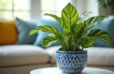 Green calathea plant in decorative blue ceramic pot. Realistic close-up photo vibrant striped foliage indoors. Tropical houseplant enhances modern living room decor, adding fresh botanical style.
