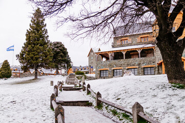Bariloche in winter season. Beautiful view of snowy Civic Center. San Carlos de Bariloche, Patagonia, Rio Negro, Argentina.