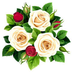 Bouquet of white roses, red rose buds, and green leaves. Rose flowers isolated on a white background. Vector illustration