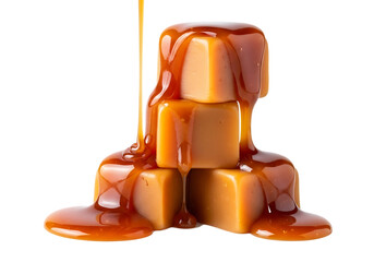 Molten caramel cascading over stacked sweet cubes isolated on a transparent background candy dessert