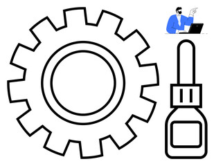 Large gear and glue bottle highlighting repair, teamwork, and solutions, alongside business professional pointing at a laptop. Ideal for mechanics, innovation, collaboration, technical fixes