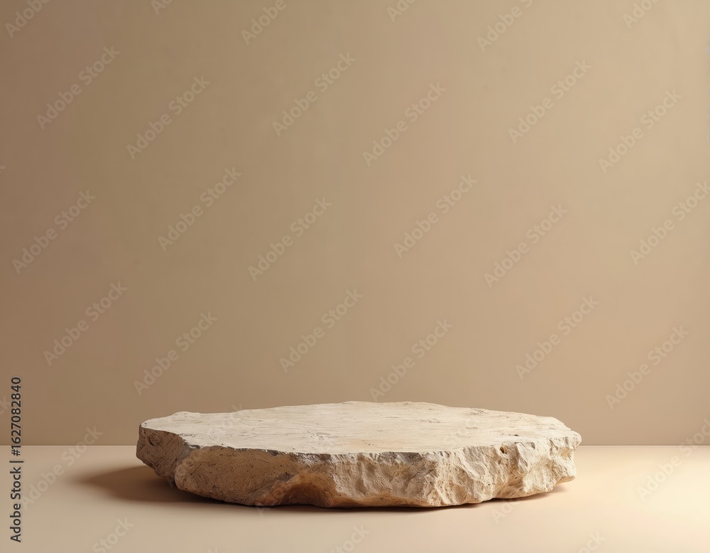 Poster beige stone platform with natural textured surface on neutral background. minimalist three-dimension