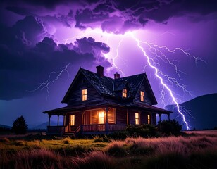 Old house struck by lightning in stormy night