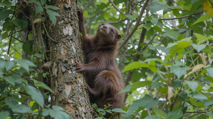 Fototapeta premium Brown-nosed coati climbs a tree in the middle of dense foliage