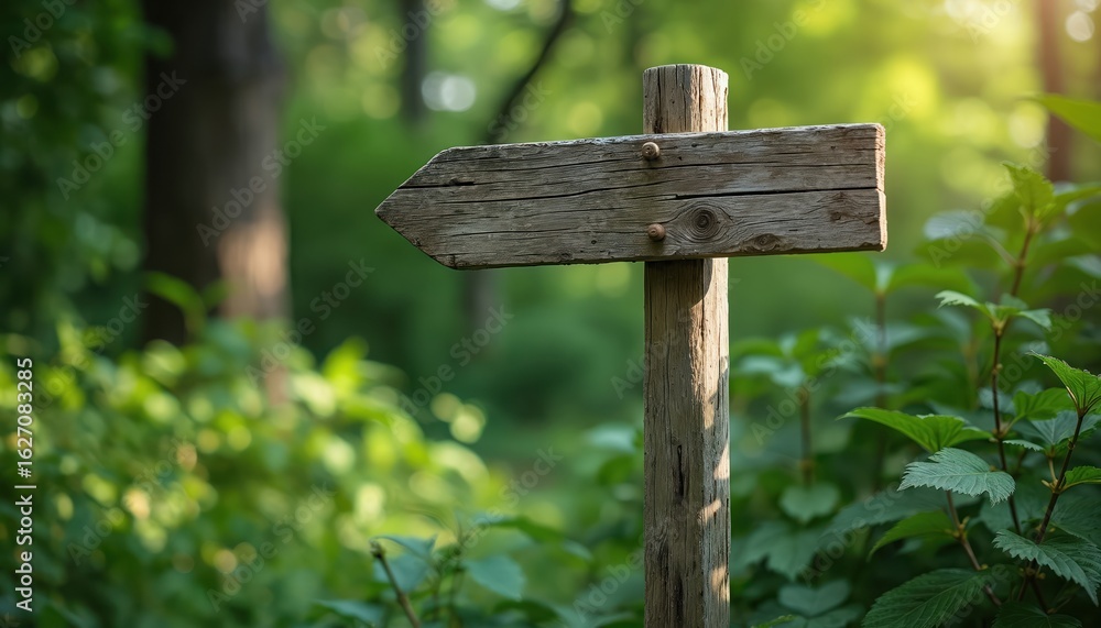 Aufkleber weathered wooden signpost with arrow shape indicates direction in green forest setting. rustic aged 