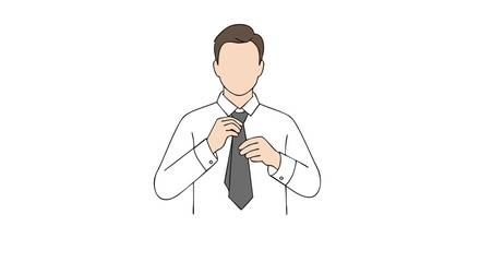Vector Illustration of Man Adjusting Tie Elegant Minimalist Style Gray Necktie Business Professional Design