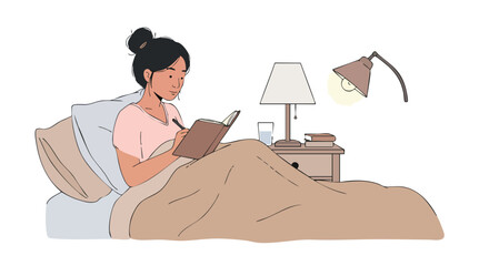 Vector Illustration of Woman Writing in Bed in Neutral Tones Modern Girl with Notebook Journaling at Night Editable Vector Scene