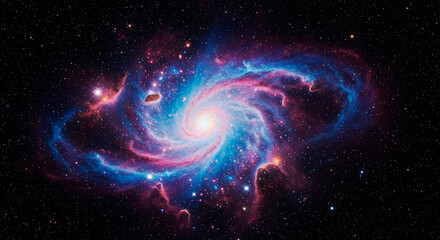 Fototapeta premium A vibrant spiral galaxy with pink and blue nebulas swirling in a dark star filled expanse