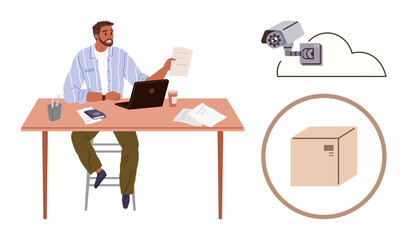 Man reviewing documents at desk, connected to cloud security via camera and package icon. Ideal for technology, logistics, office management, monitoring, e-commerce, digital workflow, simple flat