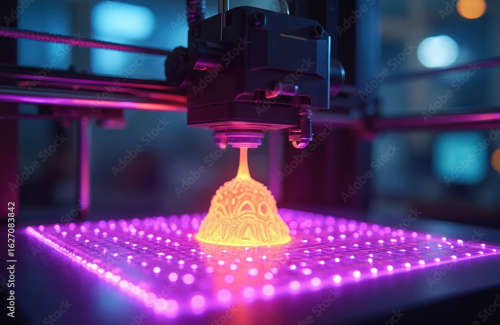 Poster 3d printer creating glowing purple object with intricate pattern. additive manufacturing technology 