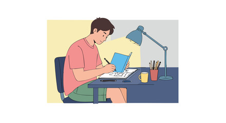 Vector Illustration of Boy Studying at Desk with Lamp in Modern Style