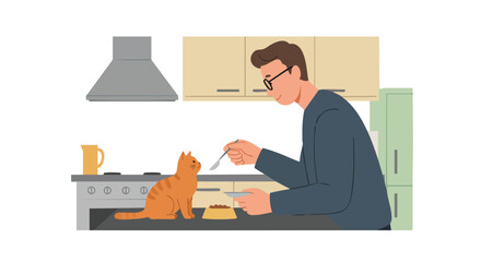 Vector Illustration of Man Feeding Cat in Kitchen Modern Style