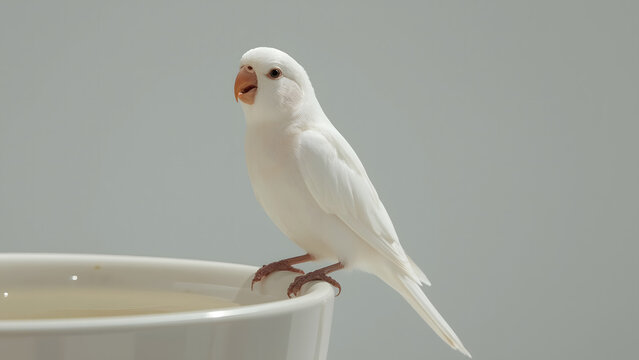 A white parakeet perched on a white bowl, seemingly drinking or about to drink.