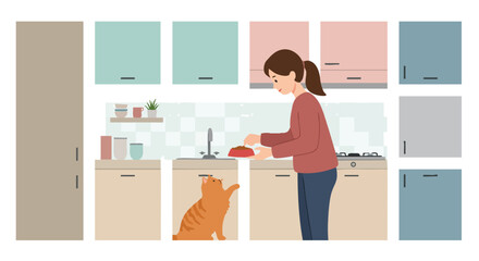 Illustration Vector of Woman Feeding Ginger Cat in Kitchen Modern Flat Design