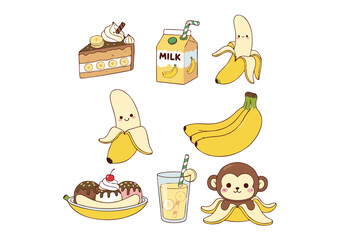 Cartoon Banana-Themed Food and Drink Illustrations with Cute Smiling Faces.