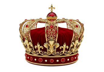 Ornate golden crown with red velvet and precious gems isolated on a transparent background jewels