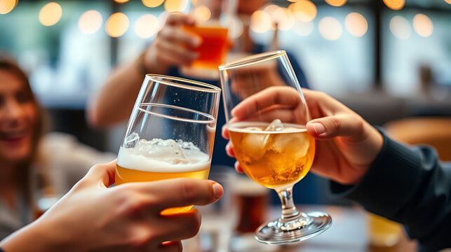 Clinking glasses with alcohol and toasting, party.