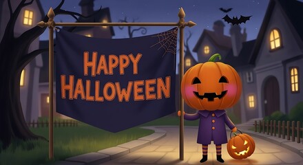 Cute halloween character holding a pumpkin and a banner that says happy halloween on a street